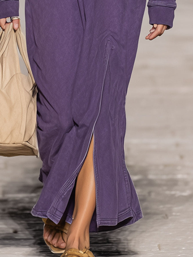 Rétro Violet : Robe Maxi Sportive Décontractée à Manches Longues et Capuche avec Fente