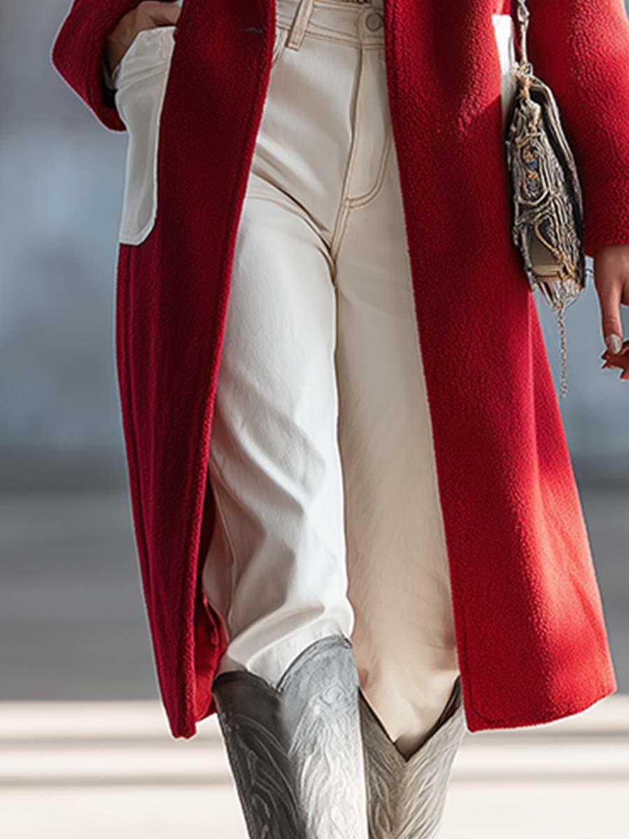 Chic Manteau Rouge en Polaire - Élégance Urbaine Mi-Longue