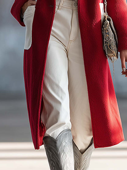 Chic Manteau Mi-Long en Polaire Rouge Éclatant pour un Style Urbain