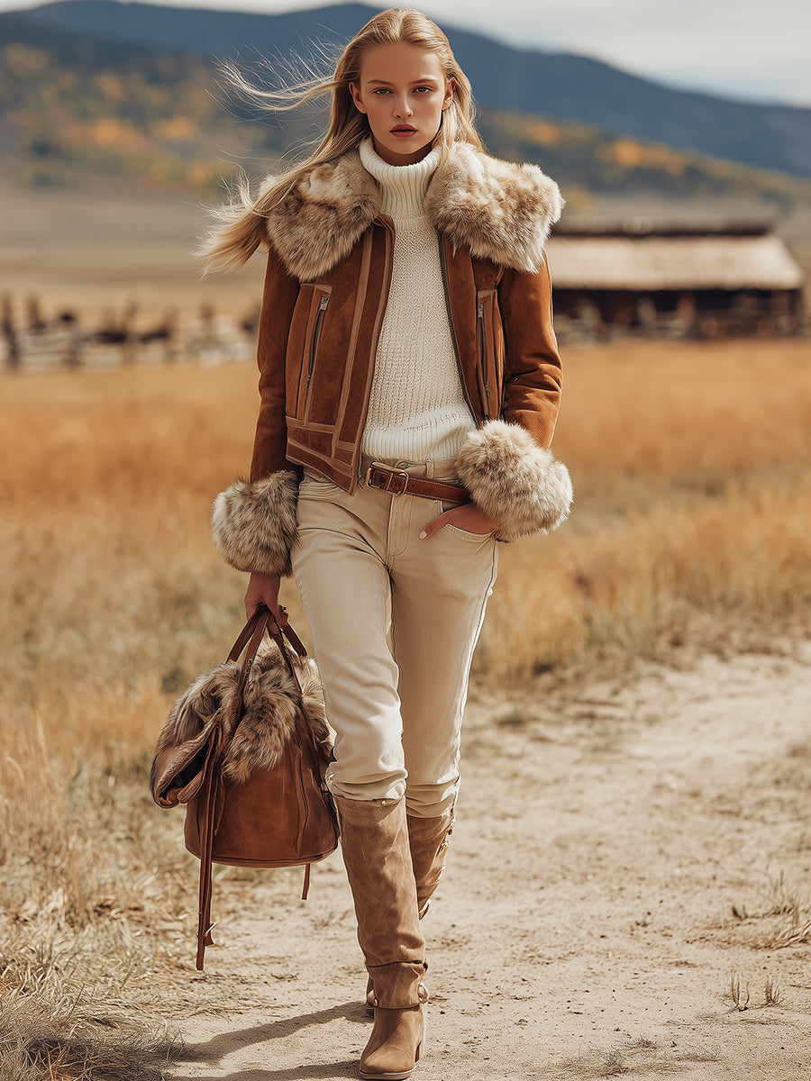 Veste en faux suède marron avec col en peluche au style vintage western