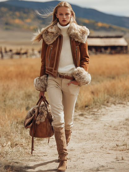 Veste en faux suède marron avec col en peluche au style vintage western