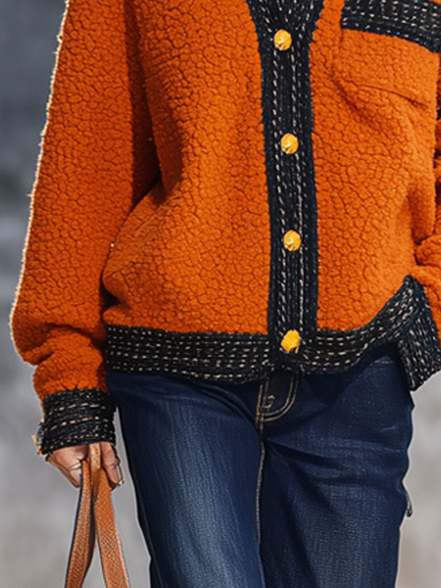 Veste Polaire Orange au Style Nomade Urbain Rétro avec Finitions en Ruban