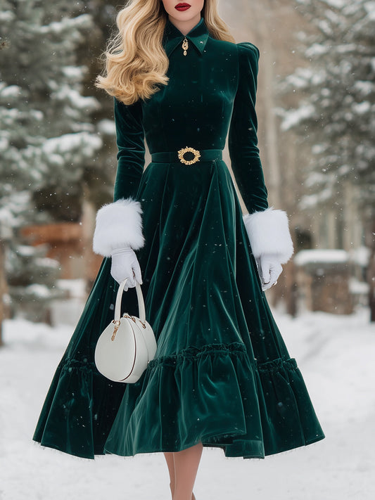 Maxi Jupe en Velours Émeraude Chic avec Détails en Fourrure