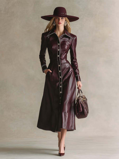 Robe Maxi Élégante en PU Rouge Vin avec Col et Boutonnage Avant