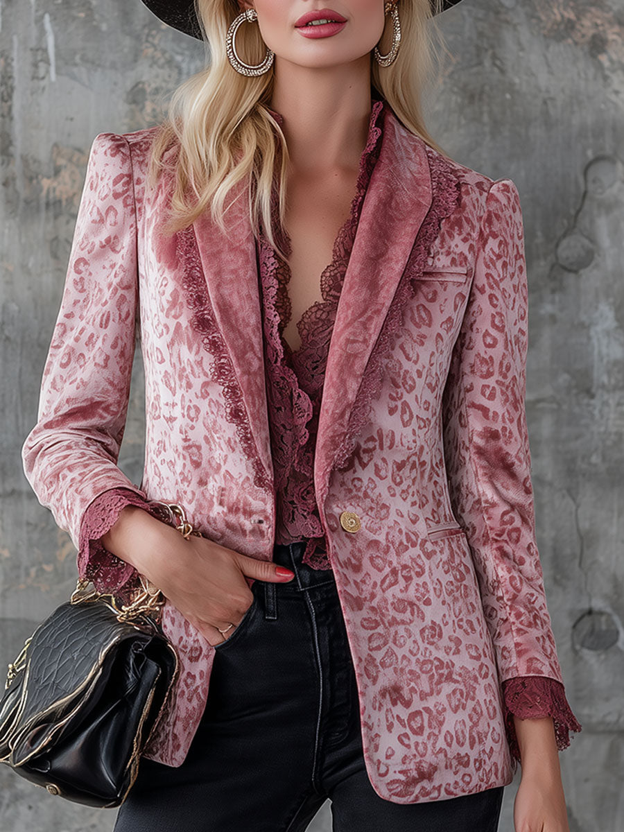 Veste Élégante en Velours à Imprimé Léopard Rose Rétro avec Détails en Dentelle