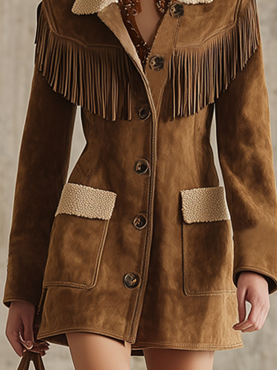 Veste en Suède Synthétique avec Col Sherpa et Franges Western Chic