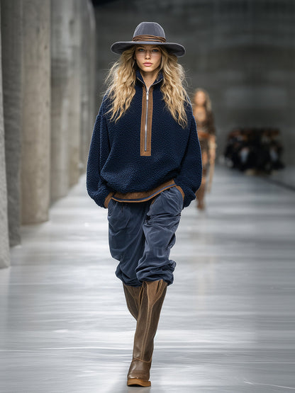 Pull Fleece Teddy Bleu avec Détails Marron Rétro et Tendance