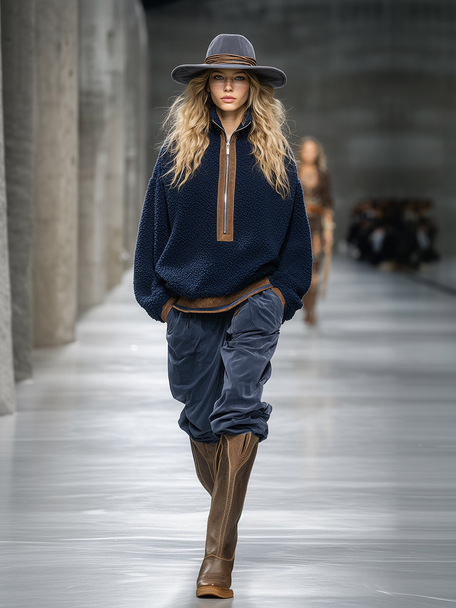 Pull Fleece Teddy Bleu avec Détails Marron Rétro et Chic