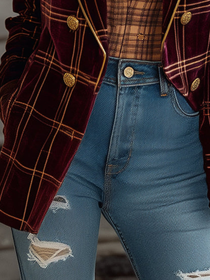 Élégant Blazer en Velours à Motif Écossais Bordeaux