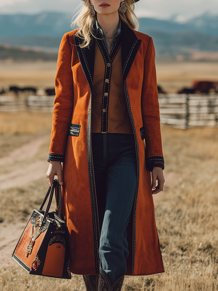 Veste en faux suède orange au style rétro nomade avec finitions noires
