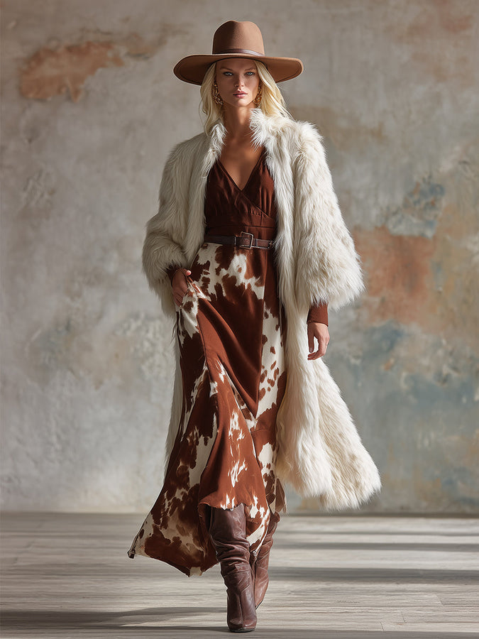 Veste Midi en Fausse Fourrure Blanche - Chic Rétro Western