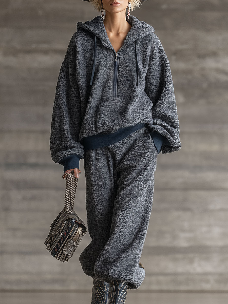 Ensemble Sportif Vintage en Polaire Grise à Demi-Zip