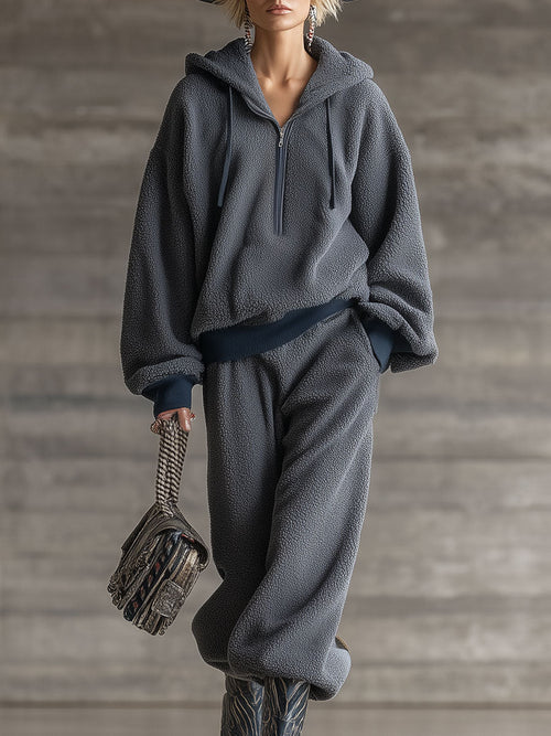 Ensemble Sportif Vintage en Polaire Grise à Demi-Zip