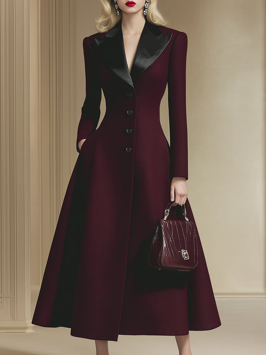 Veste en Laine Bourgogne avec Col en Satin Noir - A-Line Élégante et Luxueuse