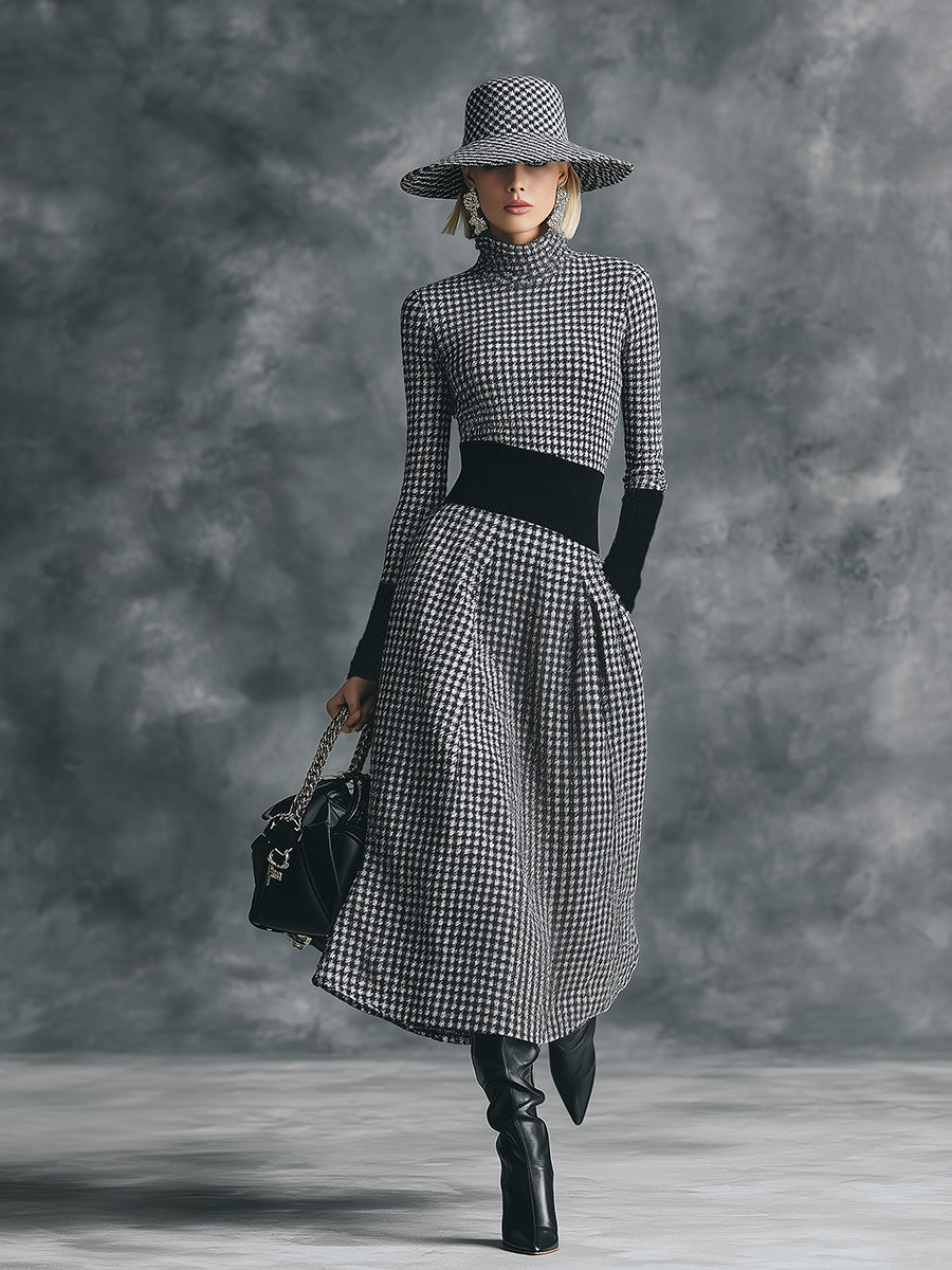 Robe Midi Houndstooth Chic à Col Montant Élégant