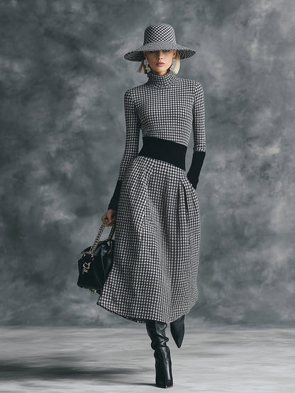 Robe Midi Houndstooth Chic à Col Montant Élégant