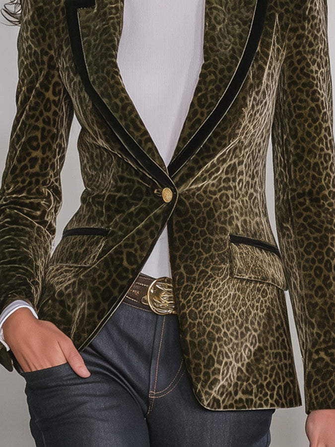 Veste en Velours Léopard Rétro avec Détails Contrastés