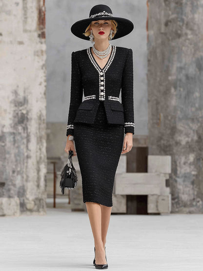 Chic Ensemble en Tweed Noir : Haut et Jupe Élégante