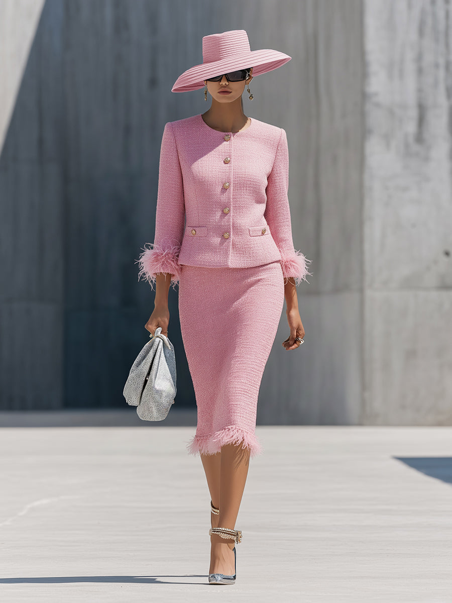 Chic Ensemble en Tweed : Veste à Col Rond et Jupe à Boutonnage Unique