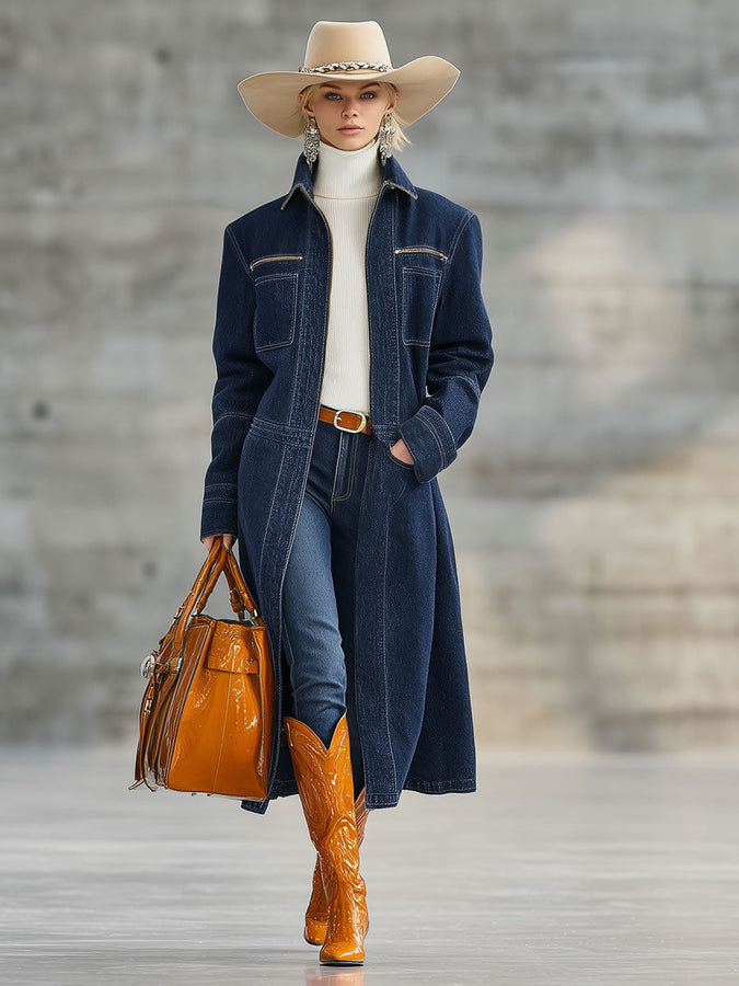 Veste en Denim Bleu Marine à Demi-Zip au Style Rétro Décontracté