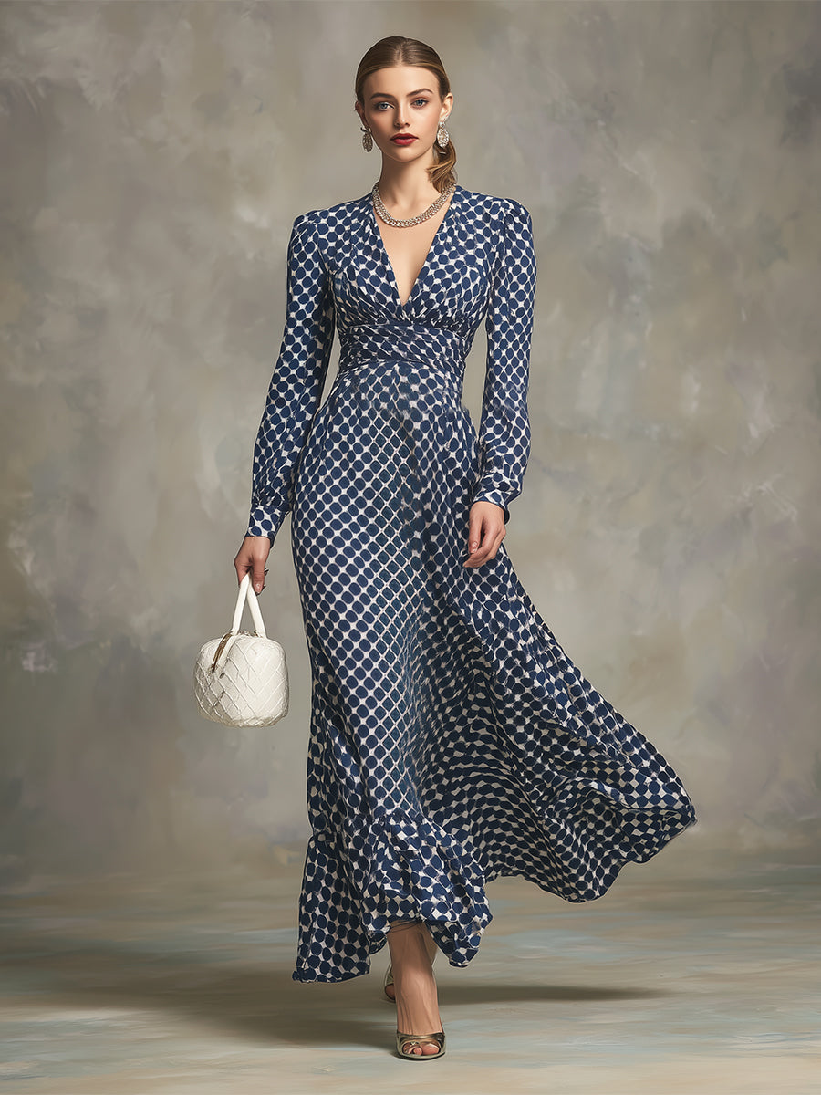 Robe Maxi Rétro en Chiffon Épais à Pois Bleus avec Décolleté en V