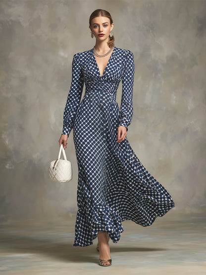 Robe Maxi Rétro en Chiffon Épais à Pois Bleus avec Décolleté en V