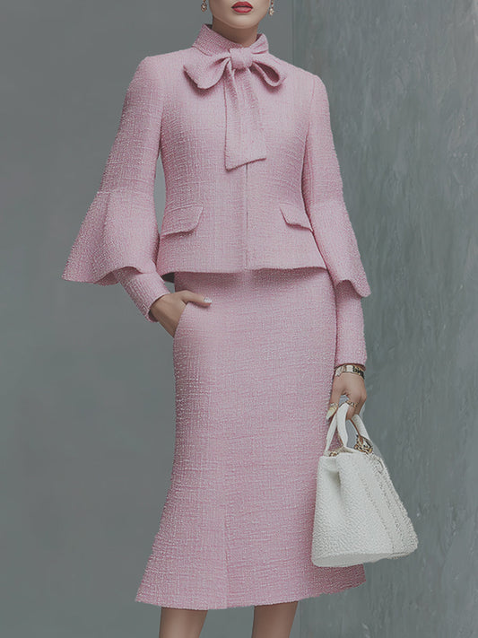Ensemble Chic en Tweed : Veste à Manches Trompette et Jupe Élégante avec Nœud