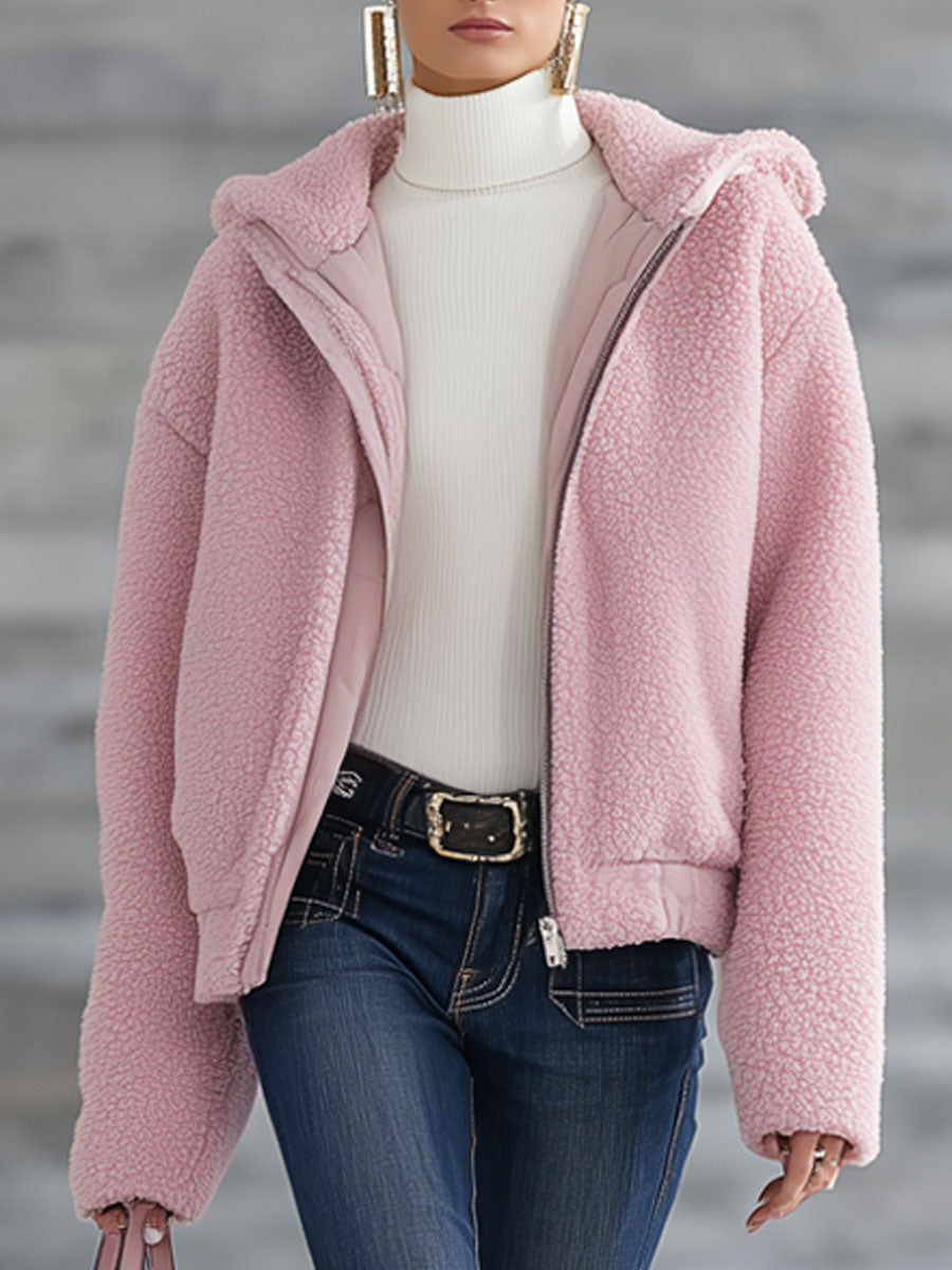Veste polaire rétro à capuche zippée en rose