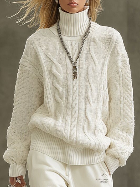 Pull Rétro en Tricot Blanc à Col Roulé