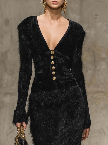 Robe Maxi Élégante au Col V Rétro avec Boucle Métallique, Épaules en Velours Noir et Ourlet en Fourrure Synthétique