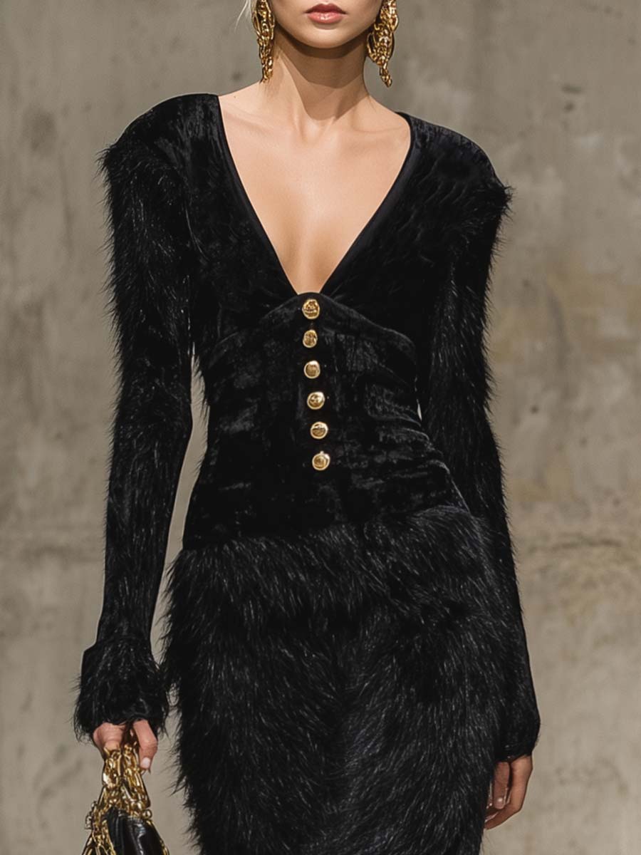 Robe Maxi Élégante en Velours Noir : Décolleté V Rétro avec Boucle Métallique et Ourlet en Fourrure Synthétique