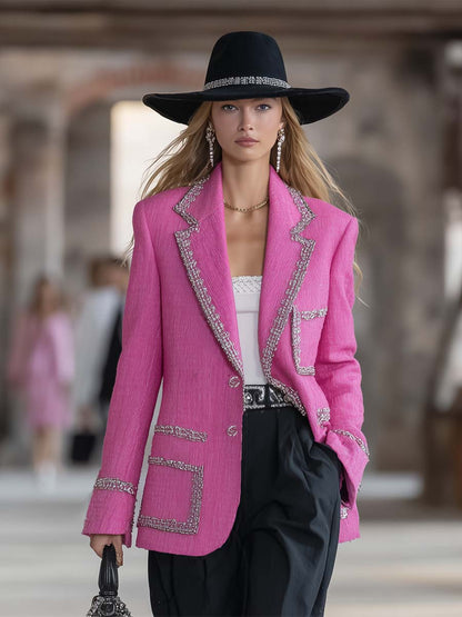 Chic Loose-Fit Chenille Blazer in Vibrant Pink