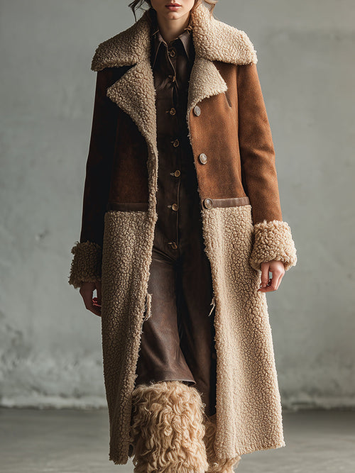 Veste mi-longue en suède synthétique marron au style western rétro, doublée en polaire