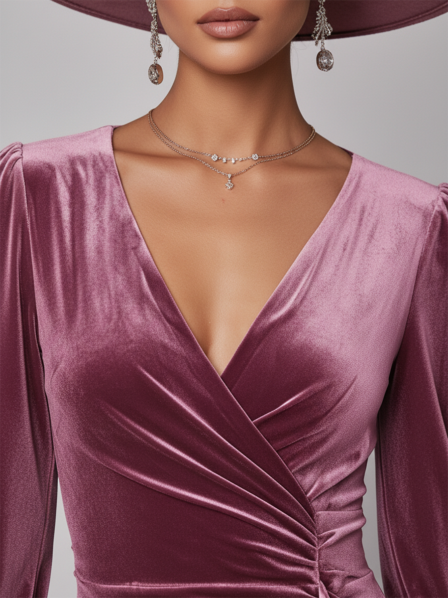 Robe Maxi Élégante en Velours avec Col en V et Manches Longues à Volants