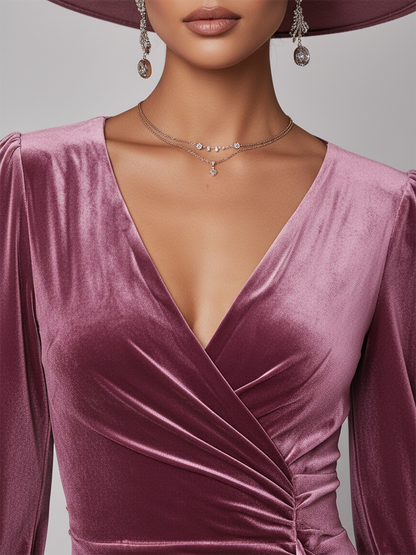 Robe Maxi Élégante en Velours avec Col en V et Manches Longues à Volants