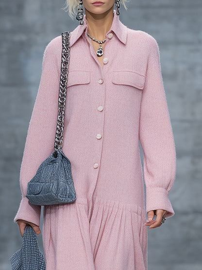 Robe Midi Plissée Rétro Rose en Tricot - Ample et Élégante à Manches Longues