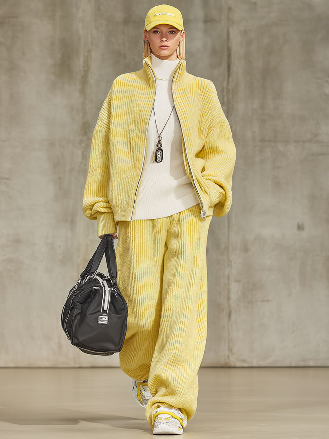 Ensemble Chic en Tricot : Cardigan Zippé à Col Montant et Pantalons à Jambe Large