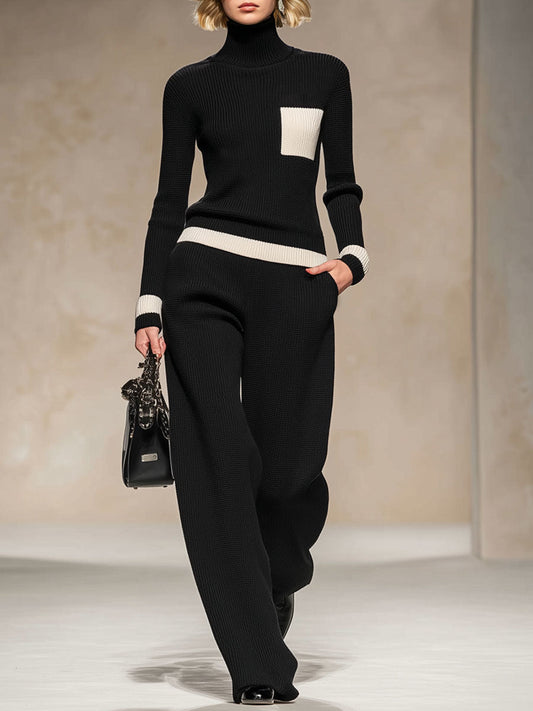 Ensemble Tricoté Élégant : Pull Col Roulé Contrasté et Pantalons Amples