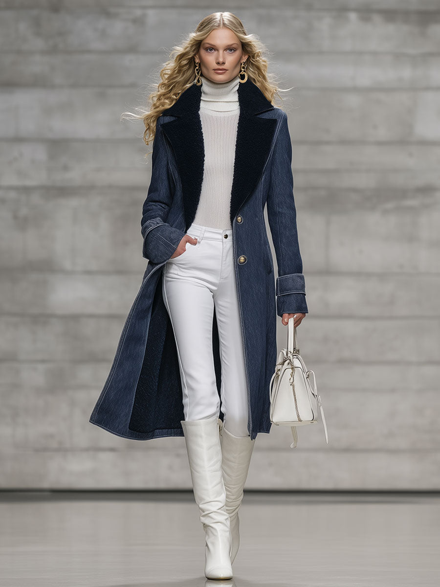 Veste en Jean Vintage Casual Doublée en Polaire Bleu Marine