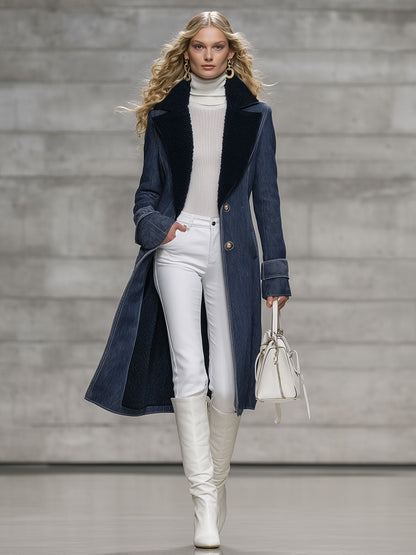 Veste en Jean Vintage Casual Doublée en Polaire Bleu Marine