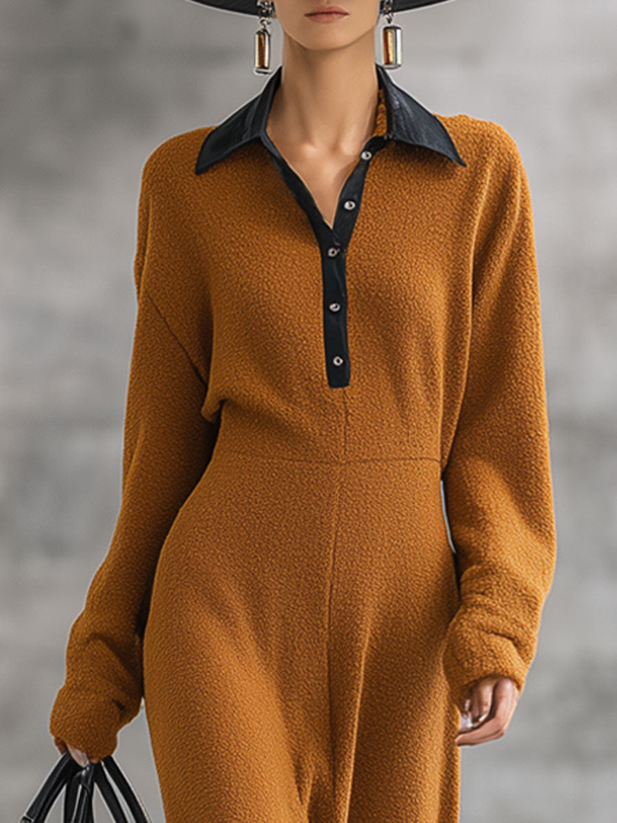 Robe Maxi en Fleece Caramel Vintage avec Col Polo