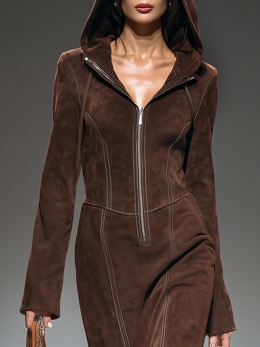 Robe Maxi Vintage Western avec Capuche en Suédine Écologique