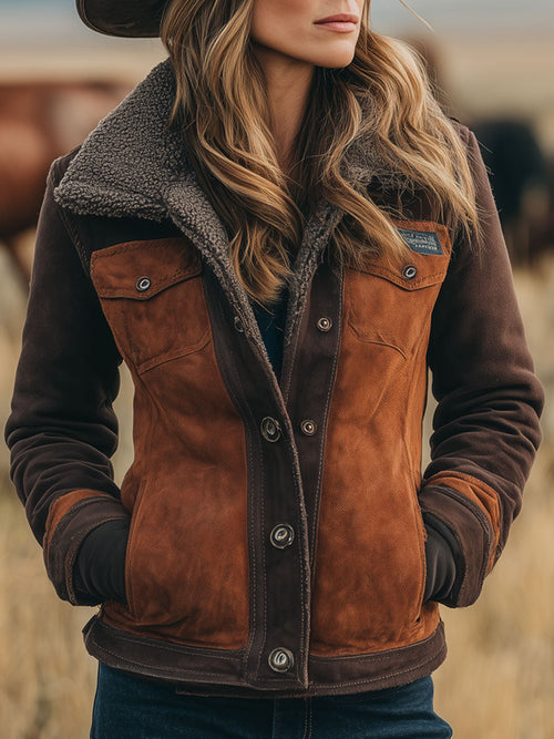 Veste en Polaire Fausse Suède Chocolat Caramel - Style Vintage Western
