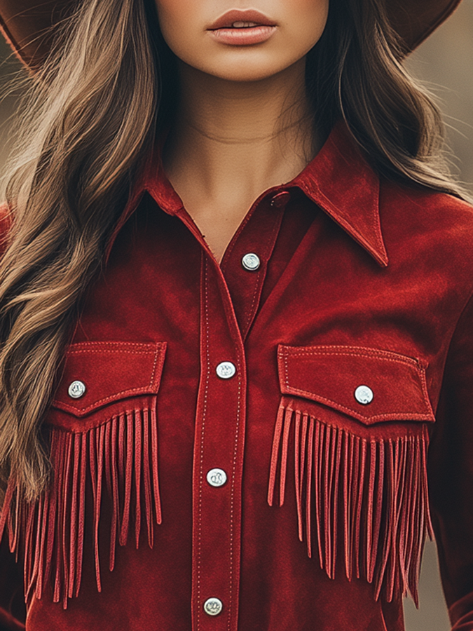 Chemise Cowboy Rouge en Daim à Manches Longues avec Revers et Franges - Expédition Rapide en 24 Heures