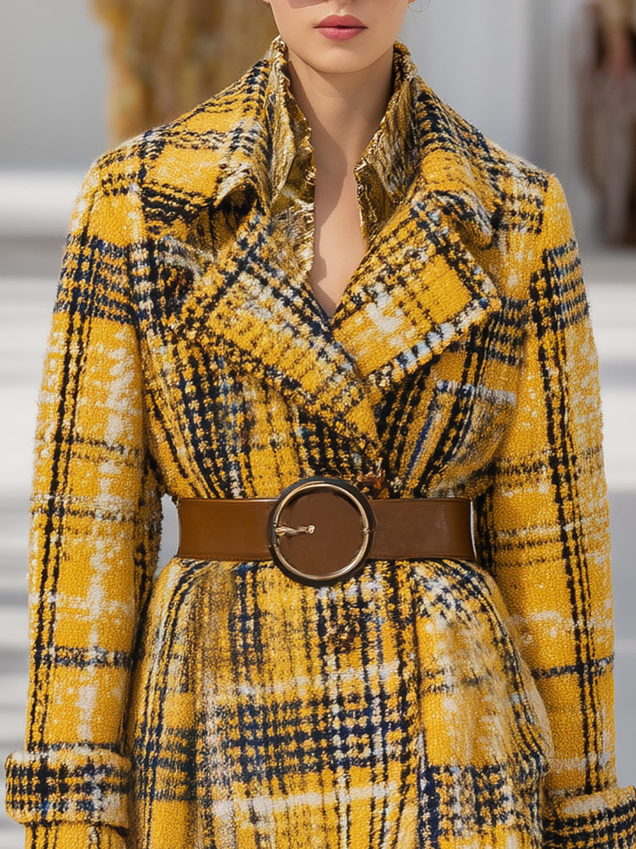 Veste mi-longue à motifs tartan jaune vintage