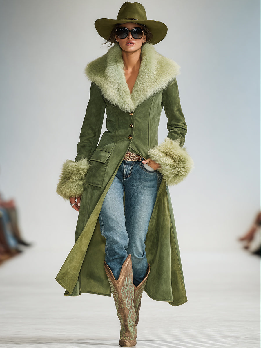 Veste en Suède Synthétique Vert avec Col en Fausse Fourrure au Style Vintage