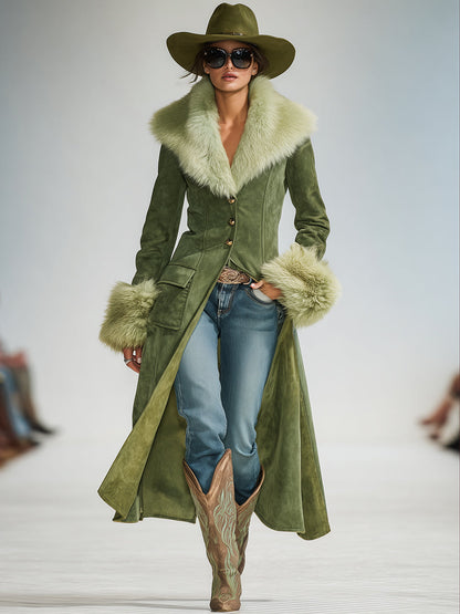 Veste en Suède Synthétique Vert avec Col en Fausse Fourrure au Style Vintage