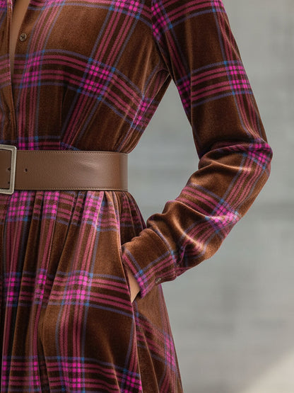 Robe Maxi en Velours à Lacets avec Motif Rétro à Carreaux Roses et Marron