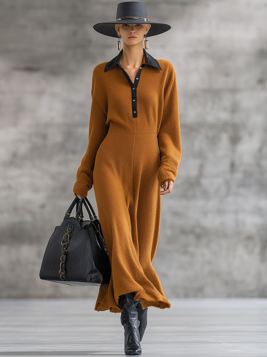 Robe Maxi en Fleece Caramel Vintage avec Col Polo
