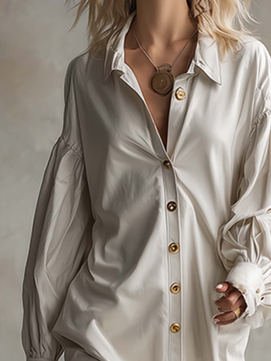 Robe Maxi Blanche en PU avec Boutons Frontaux et Col Chic